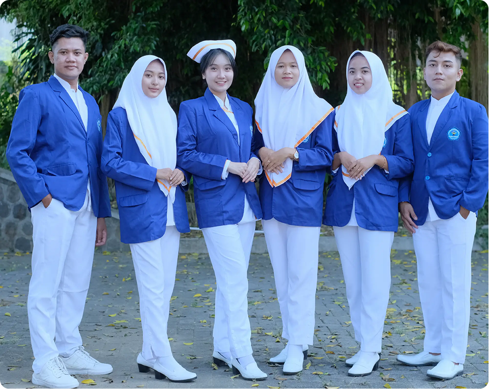 Mahasiswa dengan seragam kampus biru dan putih